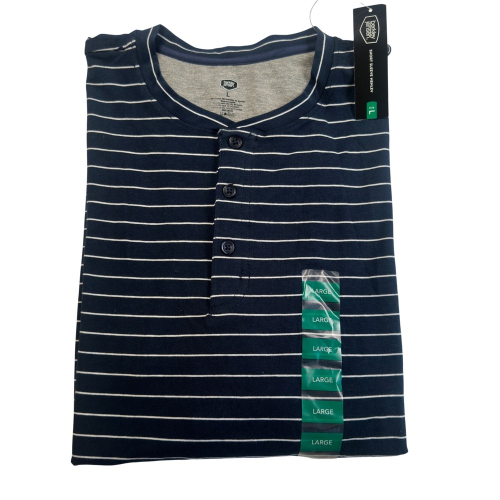 Berkley Jensen Mens Henley Tee Navy White Stripe Short Sleeve Cotton Blend L NWT